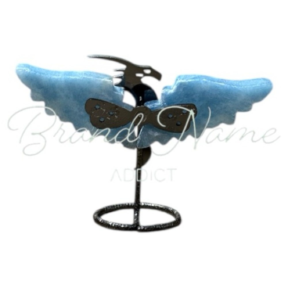 PRICE IS FIRM - Caribbean Blue Calcite Mini Wing Metal Dragon Stand - Picture 4 of 5